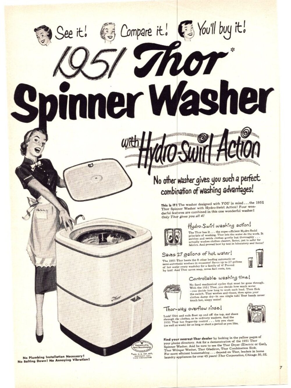 1951 Thor Spinner Washer Vintage Print Ad 50s Housewife Sexist Wall Art